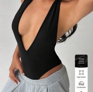 Black Deep V-Neck Bodysuit